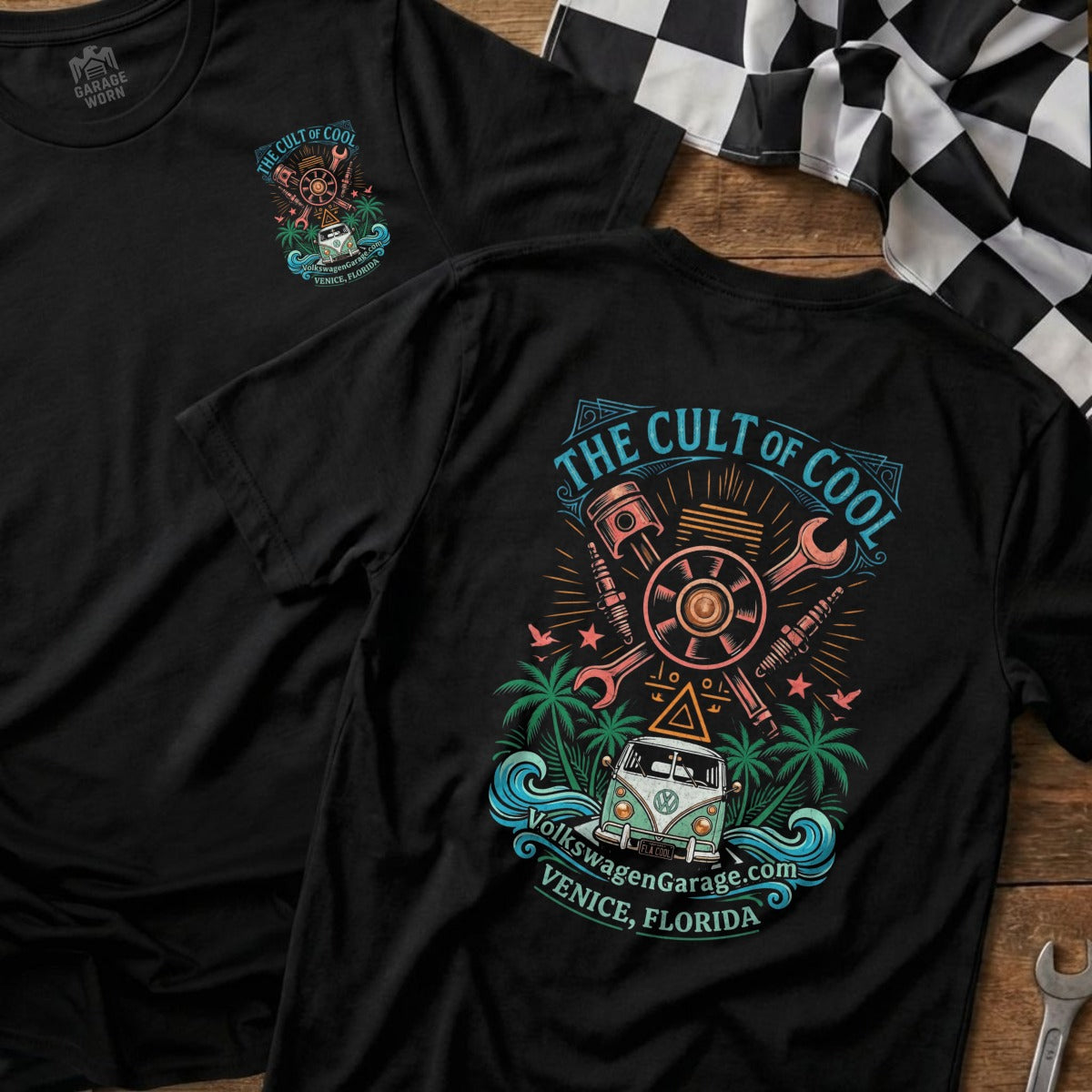 Black t-shirt with "The Cult of Cool" graphic featuring a VW van and engine parts.