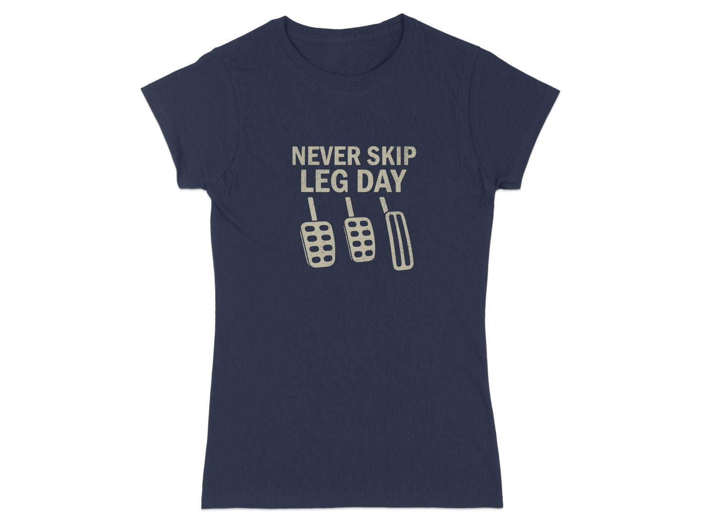 Navy t-shirt with "NEVER SKIP LEG DAY" and pedal graphic.