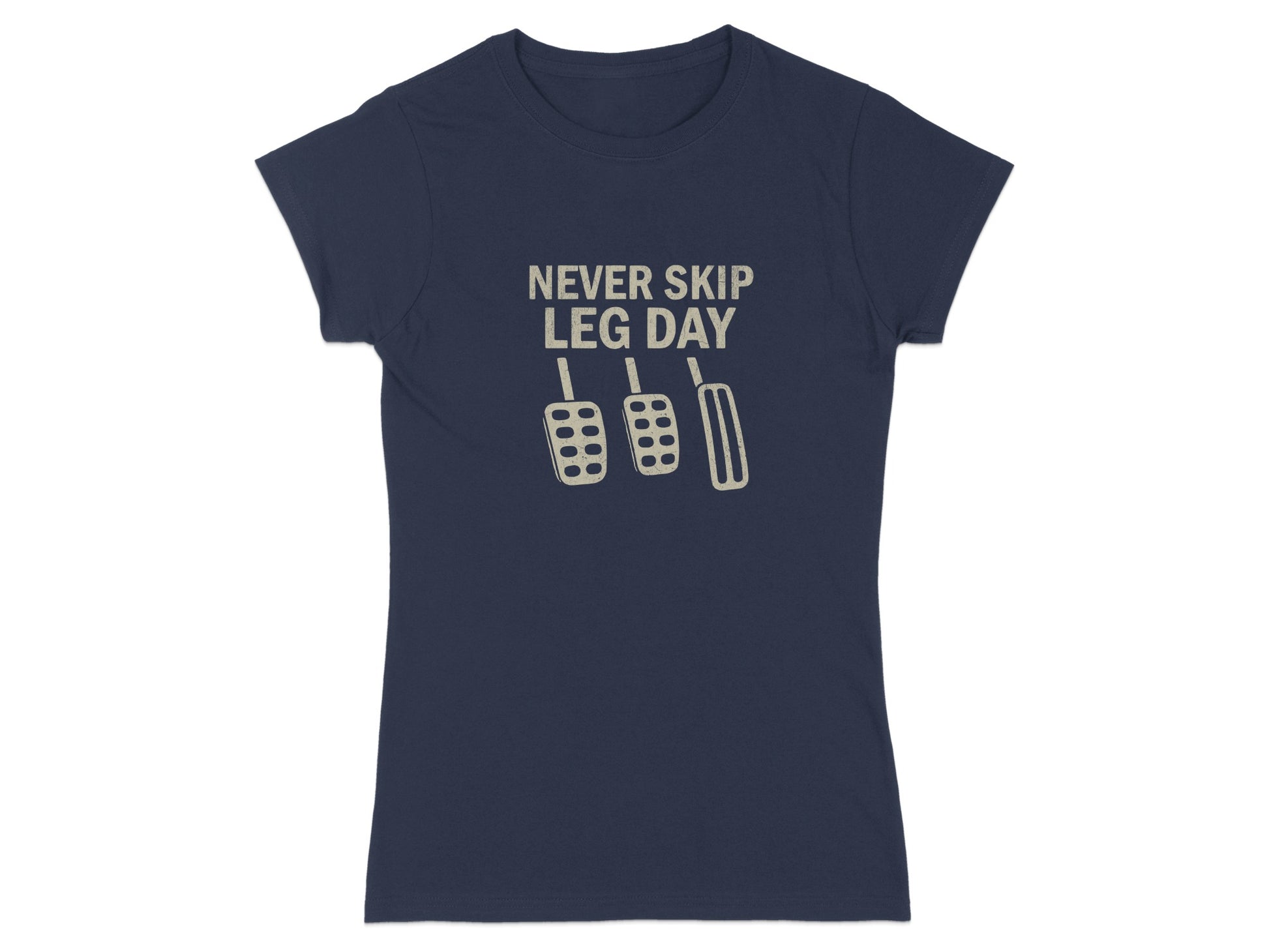 Navy t-shirt with "NEVER SKIP LEG DAY" and pedal graphic.