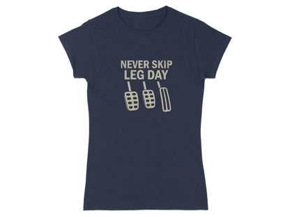 Navy t-shirt with "NEVER SKIP LEG DAY" and pedal graphic.