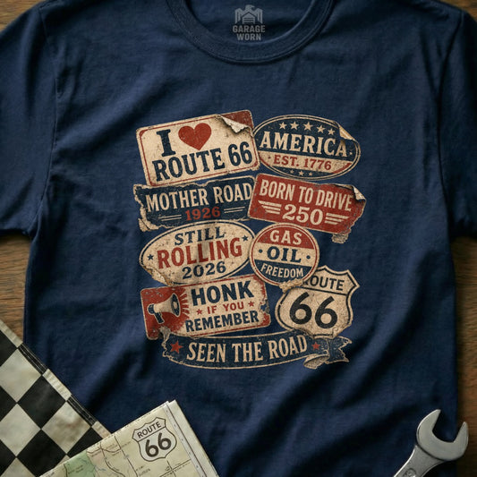 Navy t-shirt with Route 66 graphics including "Mother Road" and "Born to Drive".