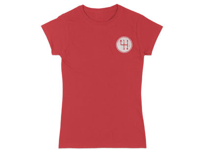 Red t-shirt with white manual gear shift pattern graphic on left chest.