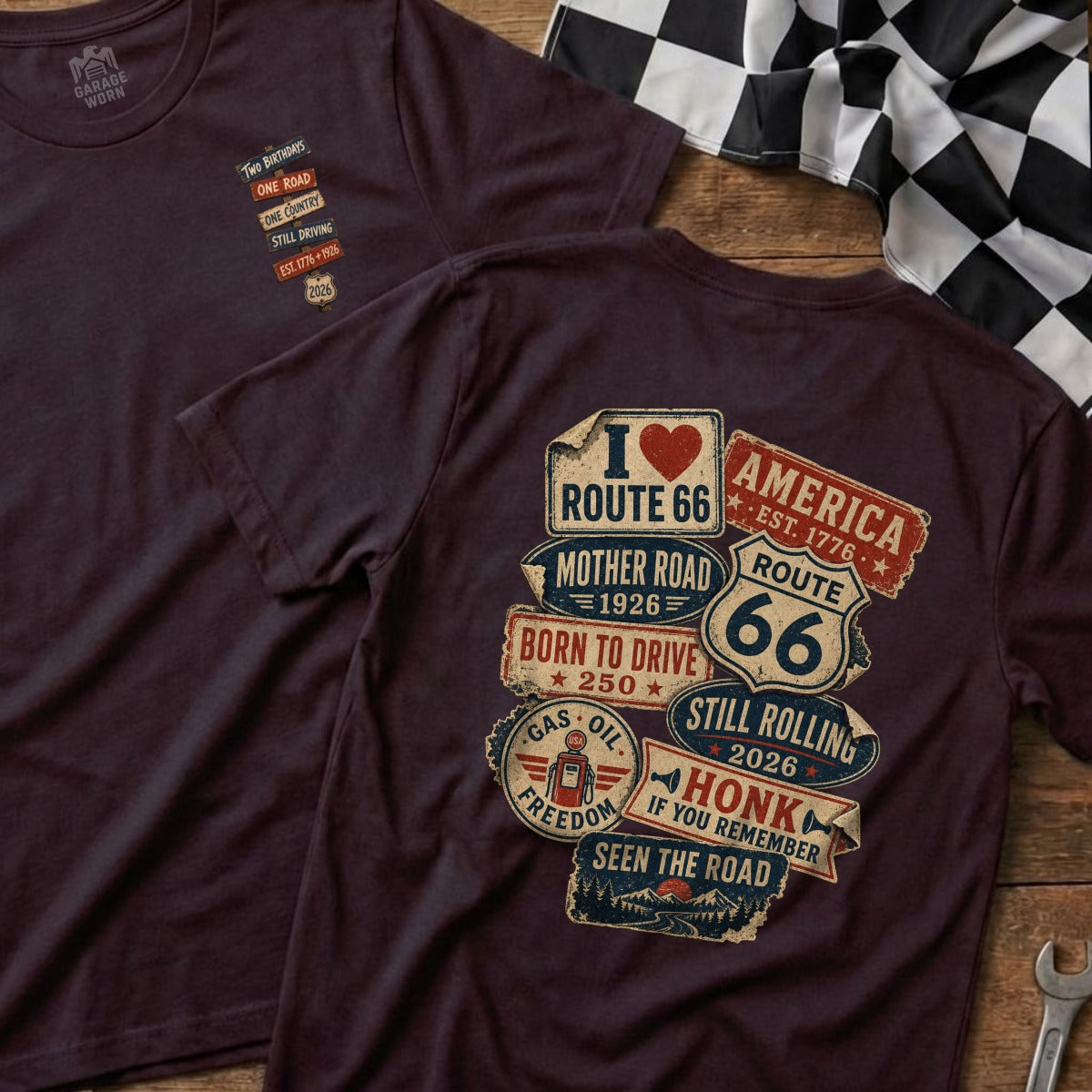 Two t-shirts with Route 66 and American patriotic designs.