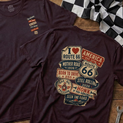 Two t-shirts with Route 66 and American patriotic designs.