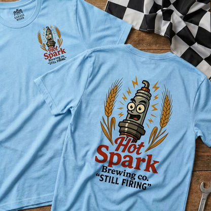 Light blue t-shirt with Hot Spark Brewing logo featuring a cartoon spark plug.
