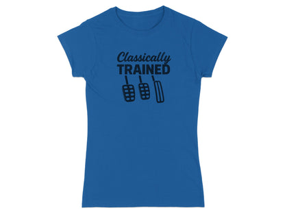 Blue t-shirt with black text "Classically Trained" and three pedals graphic.