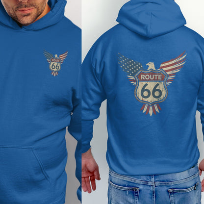 Blue hoodie with Route 66 logo on front and back.