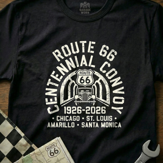 Centennial Route 66 Convoy graphic on black t-shirt with route landmarks.