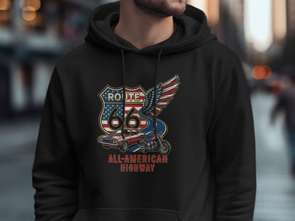 Black hoodie with Route 66 winged motorcycle design.