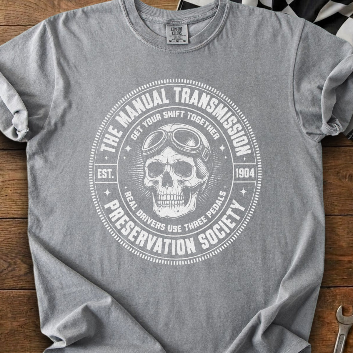 Gray t-shirt with "The Manual Transmission Preservation Society" graphic.