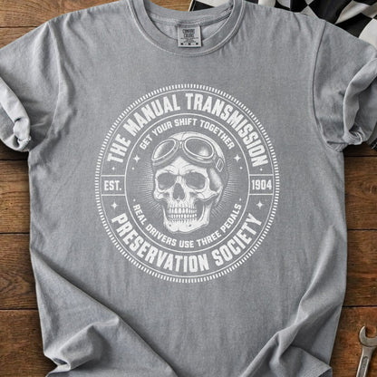 Gray t-shirt with "The Manual Transmission Preservation Society" graphic.