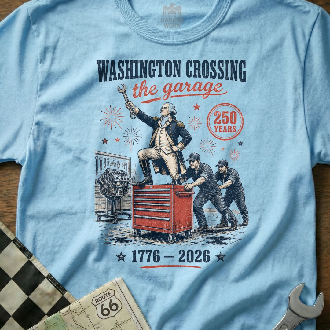 Washington Crossing the Garage artwork with George Washington and mechanics, 1776-2026.