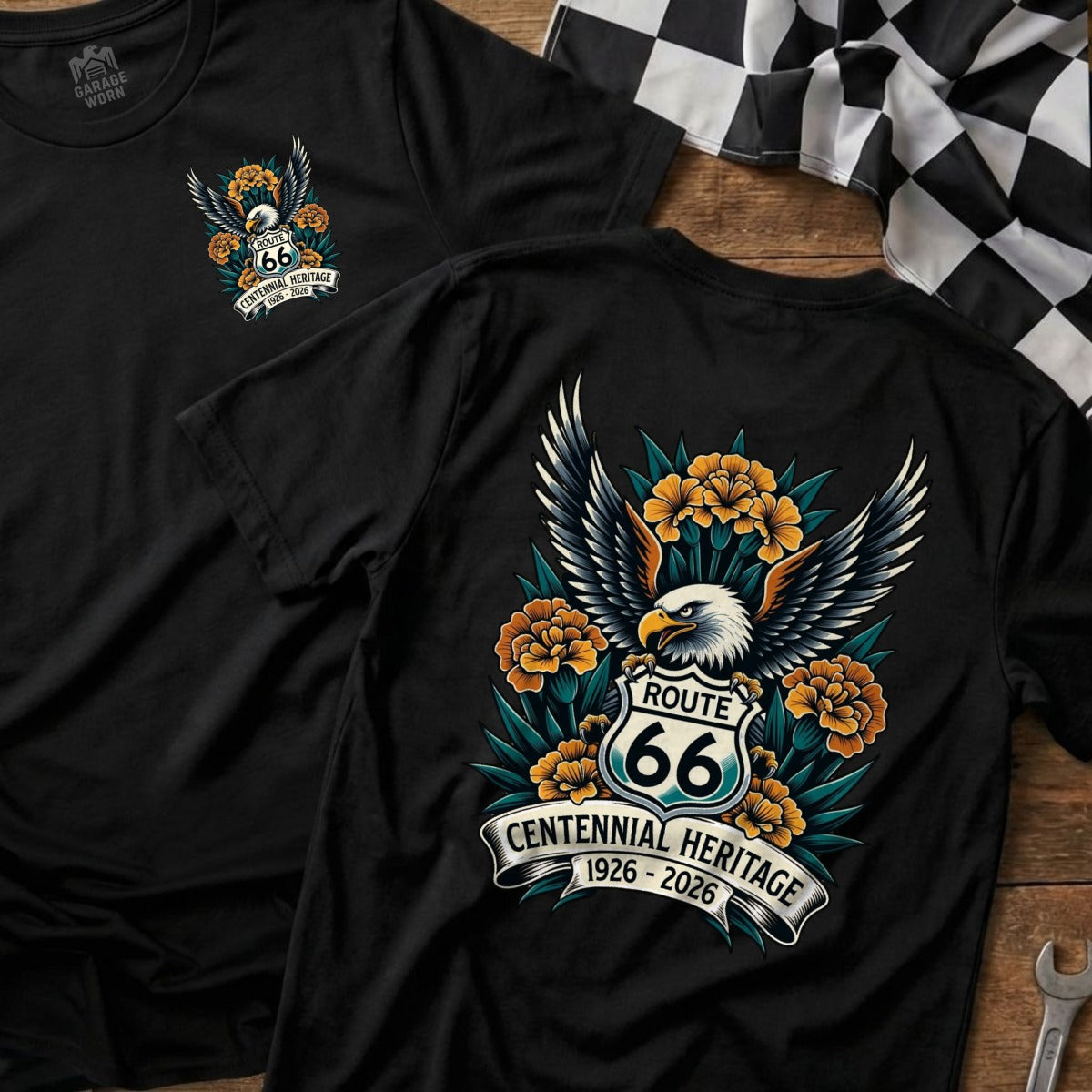 Black t-shirt featuring an eagle, Route 66 sign, and flowers.