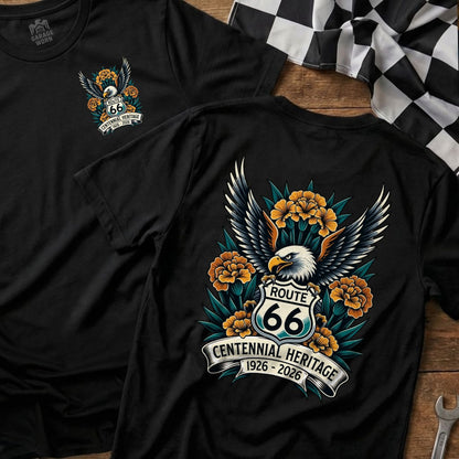 Black t-shirt featuring an eagle, Route 66 sign, and flowers.