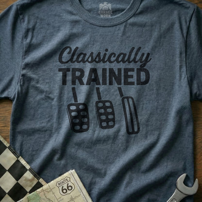 T-shirt with "Classically Trained" text and three car pedals.