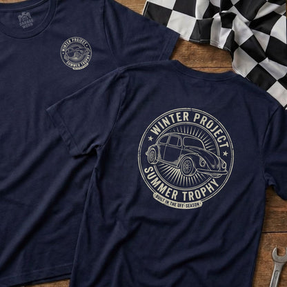 Navy t-shirts with "Winter Project Summer Trophy" circular graphic.
