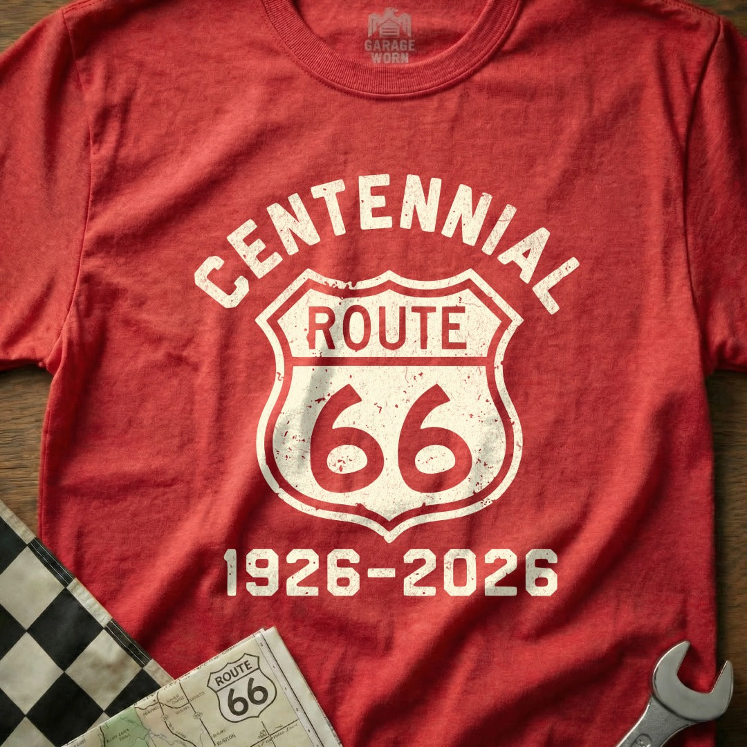 Red t-shirt with "Centennial Route 66" and "1926-2026" logos.
