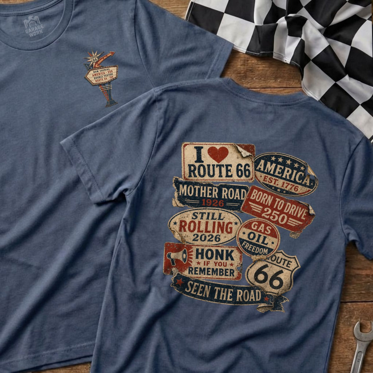 Blue t-shirt with Route 66 graphics: Mother Road, Born to Drive, gas, oil.