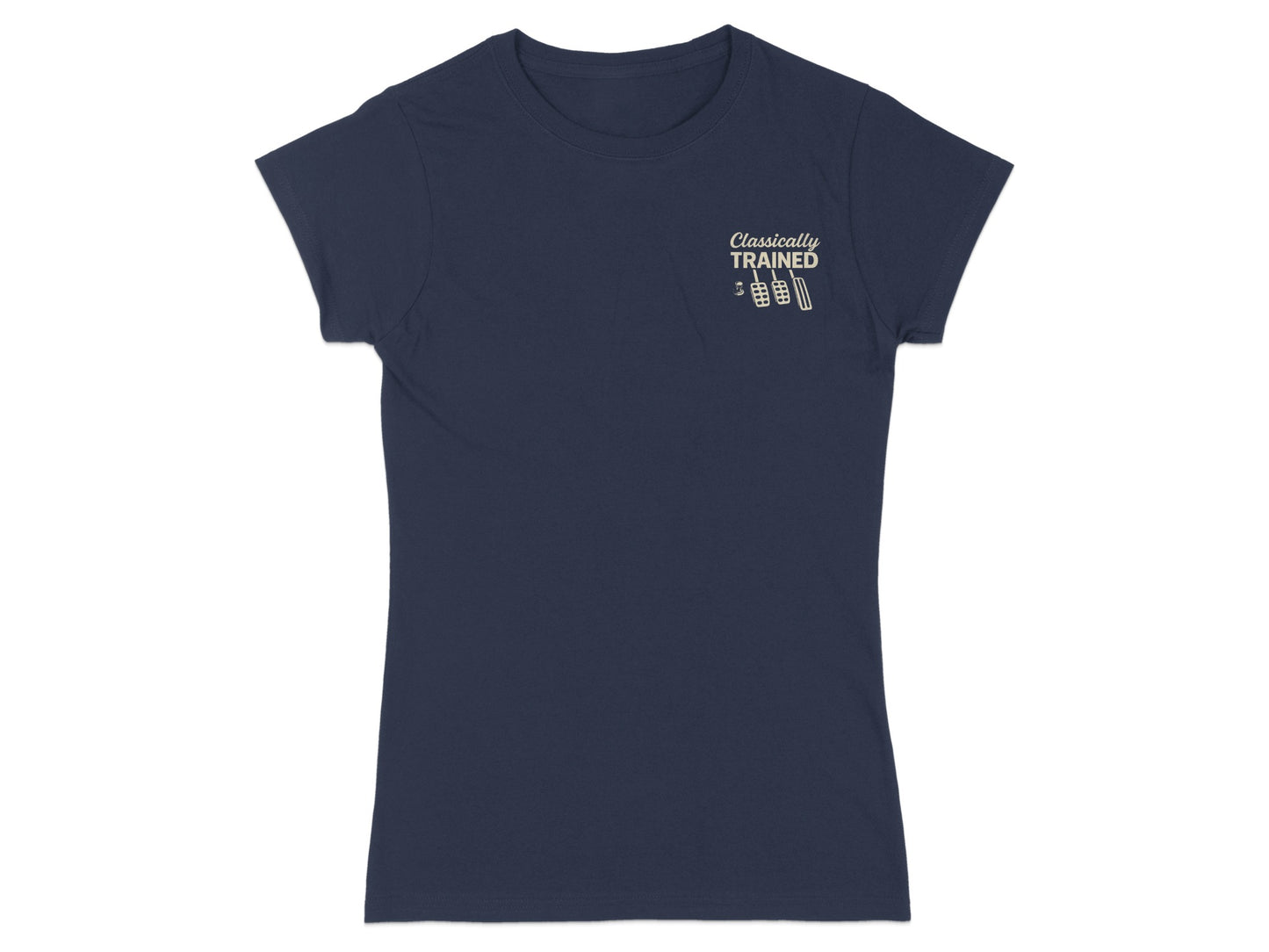 Navy t-shirt with "Classically Trained" text and dumbbell graphic.