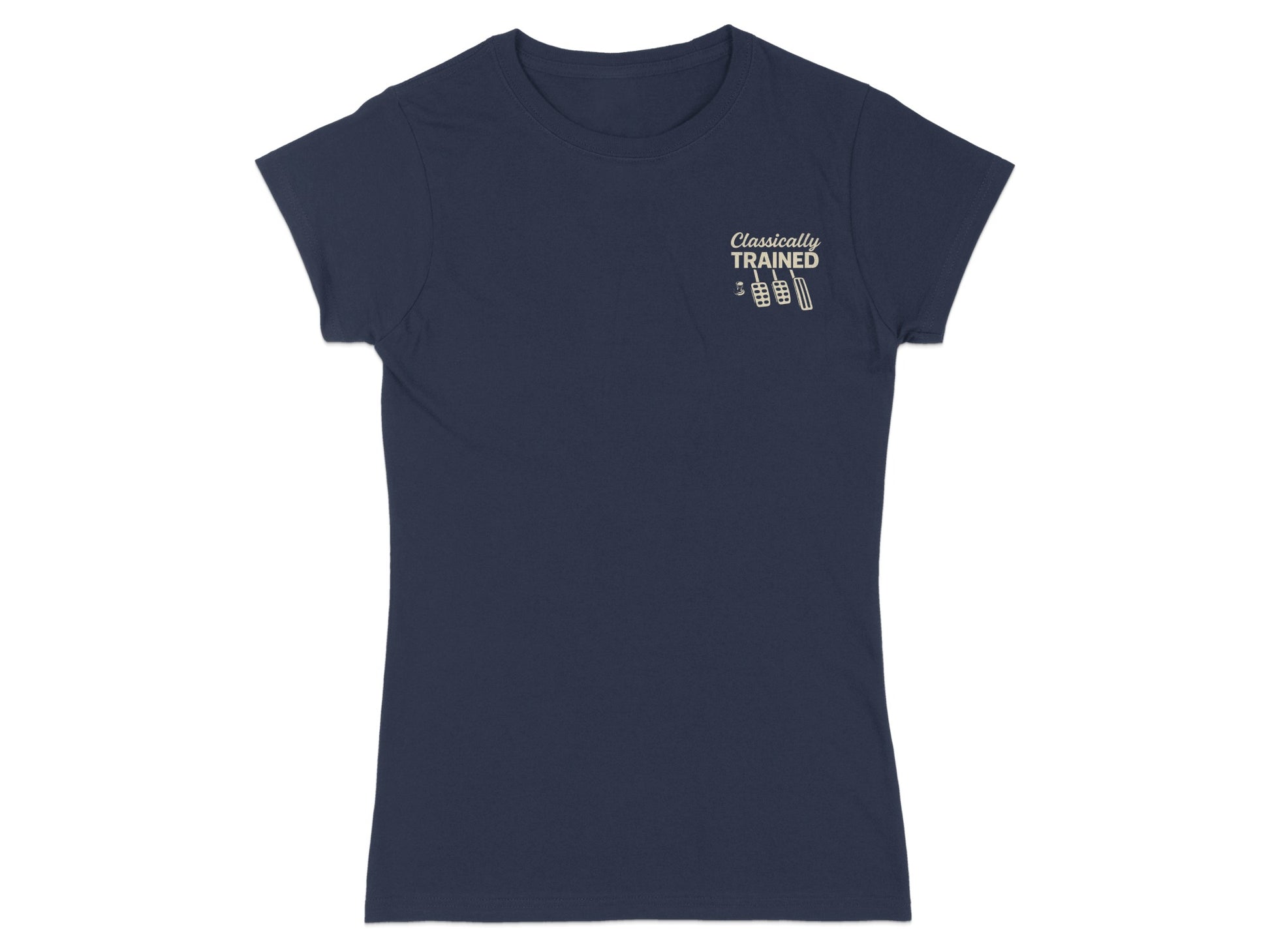 Navy t-shirt with "Classically Trained" text and dumbbell graphic.