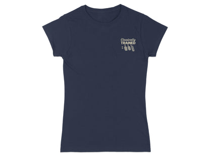 Navy t-shirt with "Classically Trained" text and dumbbell graphic.
