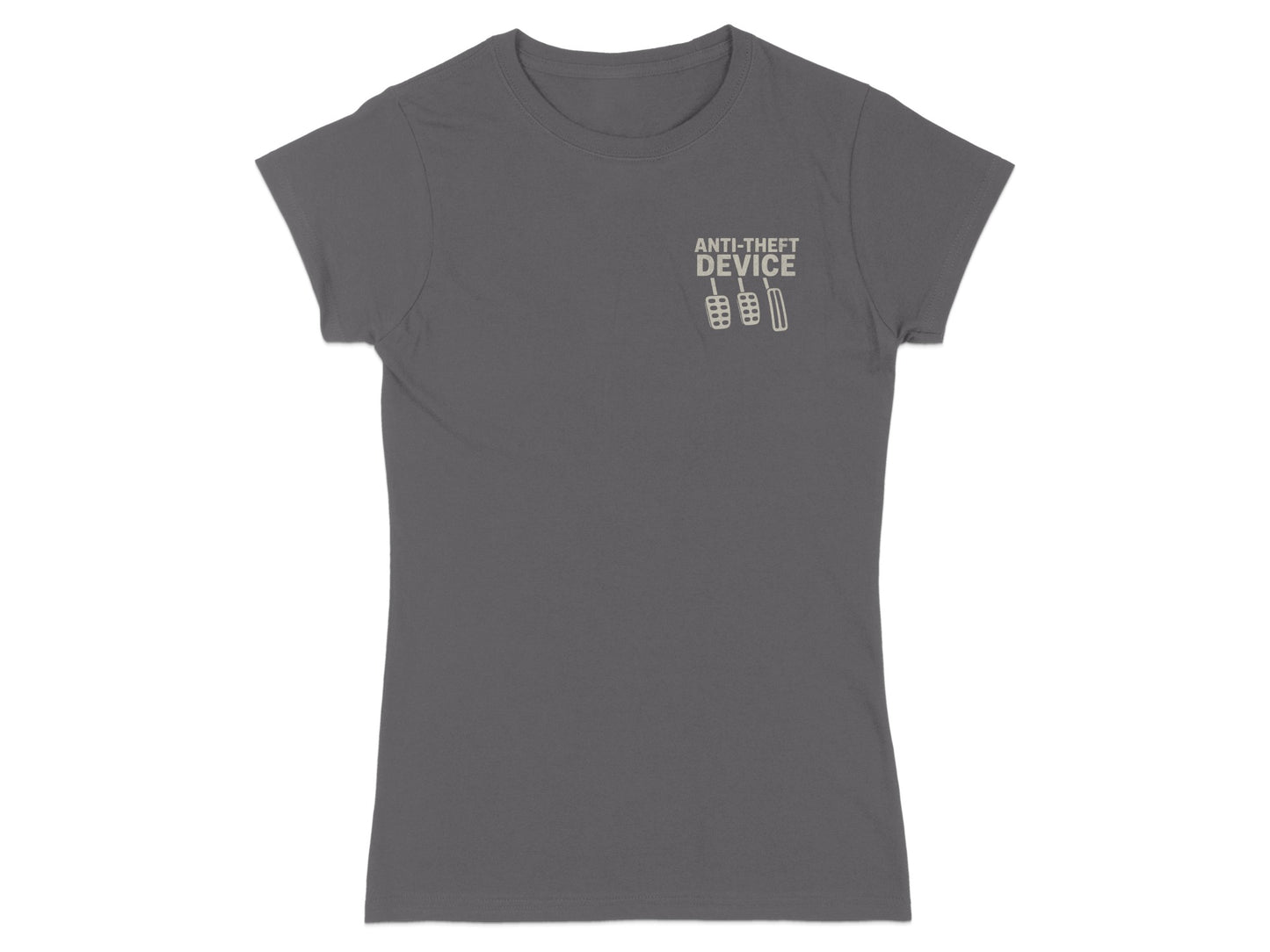 Grey t-shirt with "Anti-Theft Device" and brake/gas pedals graphic.