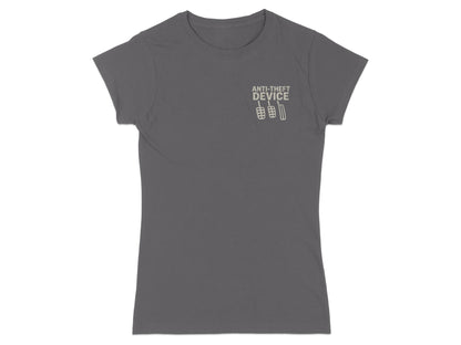 Grey t-shirt with "Anti-Theft Device" and brake/gas pedals graphic.