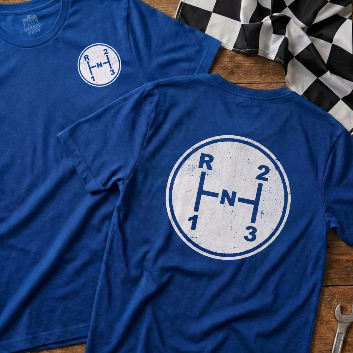 Blue t-shirts with white circular manual gear shift pattern graphic.
