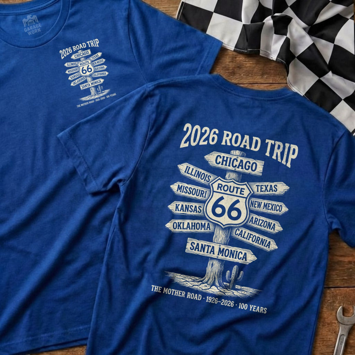 Blue t-shirt with "2026 Road Trip" and Route 66 destinations.