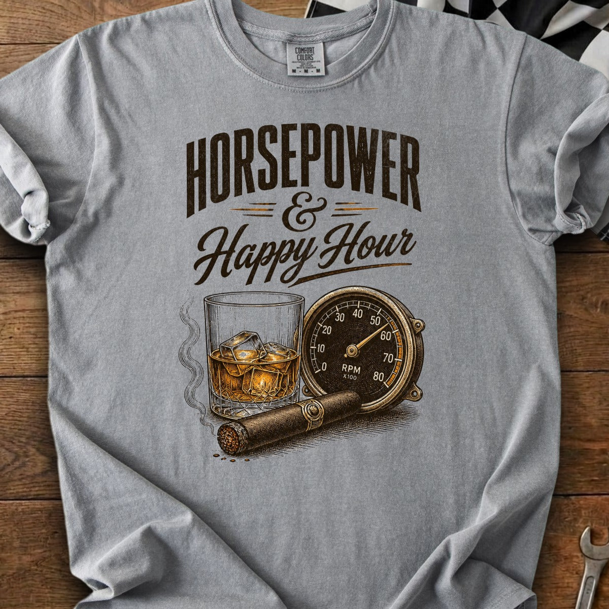 "Horsepower & Happy Hour" text graphic with a whiskey glass, cigar, and RPM gauge.