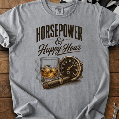 "Horsepower & Happy Hour" text graphic with a whiskey glass, cigar, and RPM gauge.