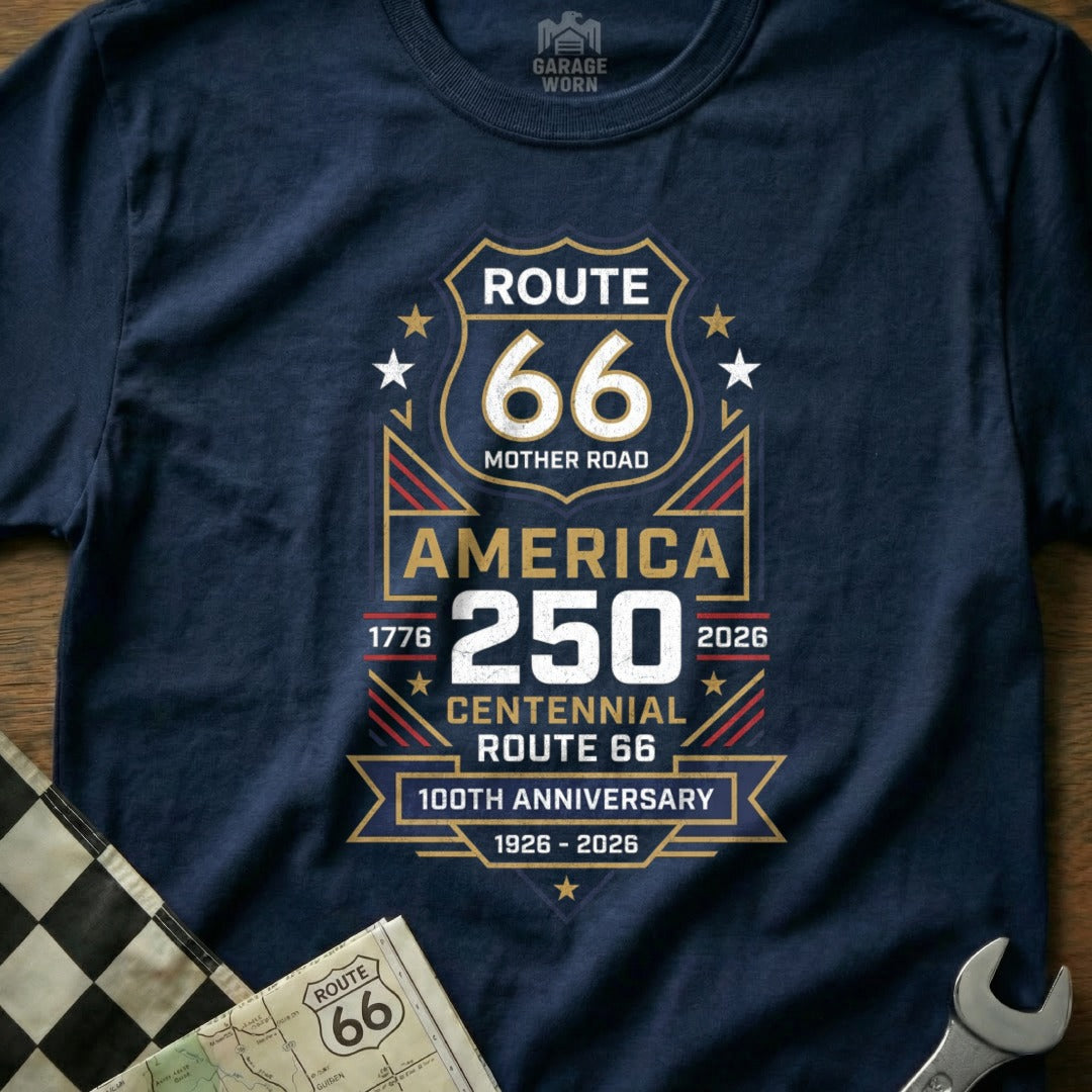 Navy t-shirt with Route 66 100th Anniversary design and "America 250" text.