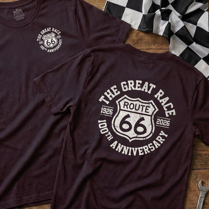 Burgundy t-shirt with "The Great Race Route 66 100th Anniversary" graphic.