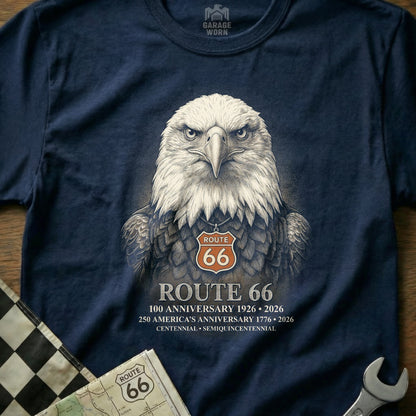 Navy t-shirt featuring an eagle wearing a Route 66 necklace.