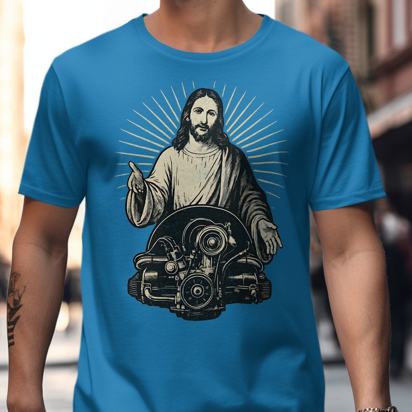 Jesus and Engine Graphic Printed T-shirt product