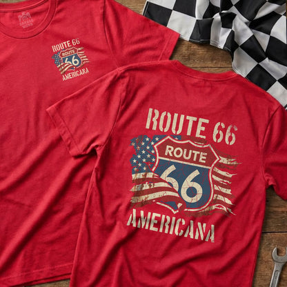 Red t-shirts with Route 66 Americana graphic and US flag.