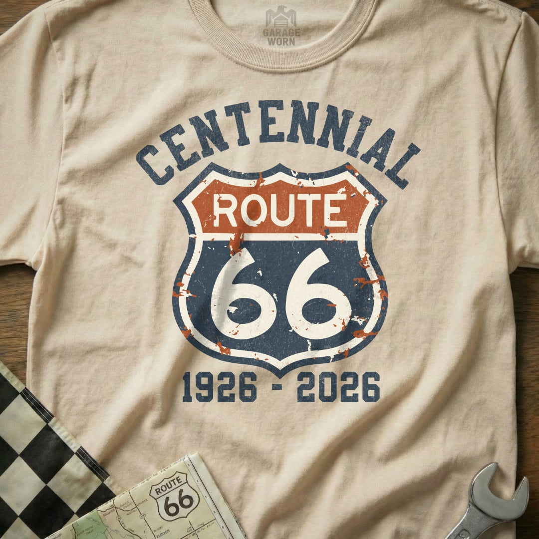 Centennial Route 66 shield graphic, 1926-2026, on a light beige t-shirt.