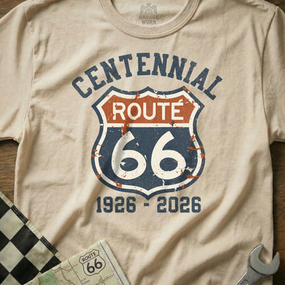 Centennial Route 66 shield graphic, 1926-2026, on a light beige t-shirt.