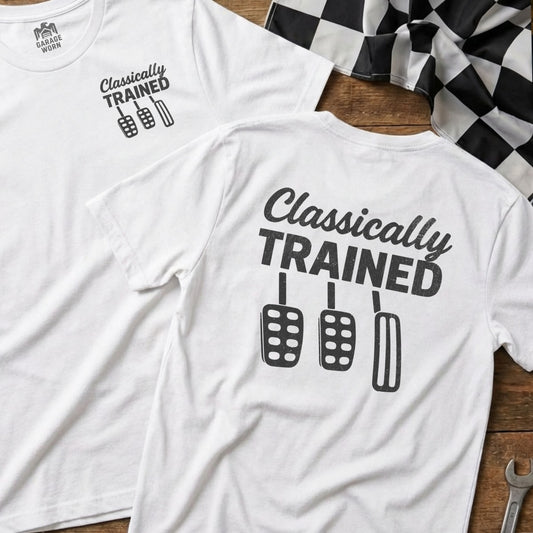 White t-shirts with "Classically Trained" and pedal graphics.