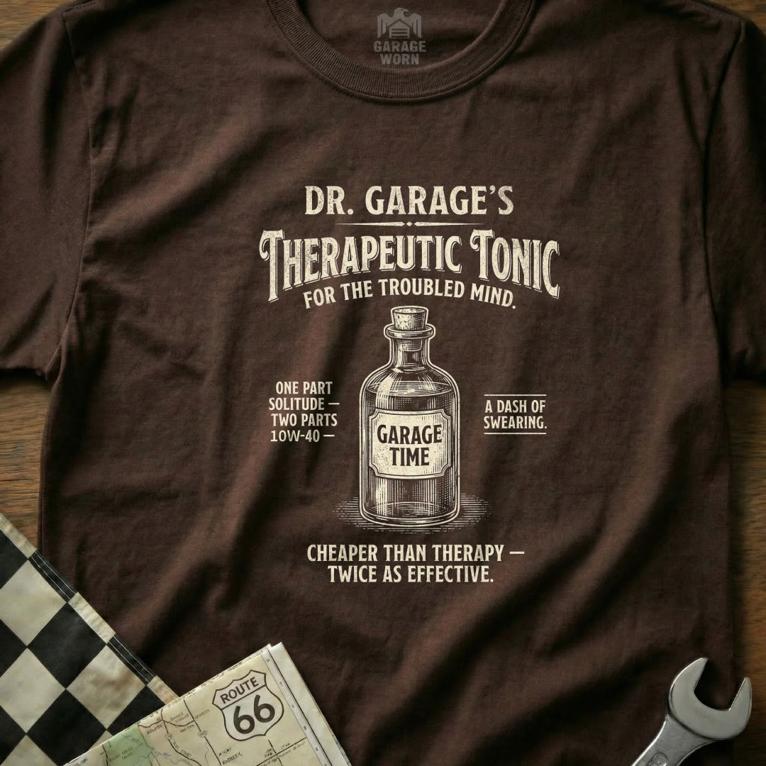Brown t-shirt with "Dr. Garage's Therapeutic Tonic" and bottle graphic.