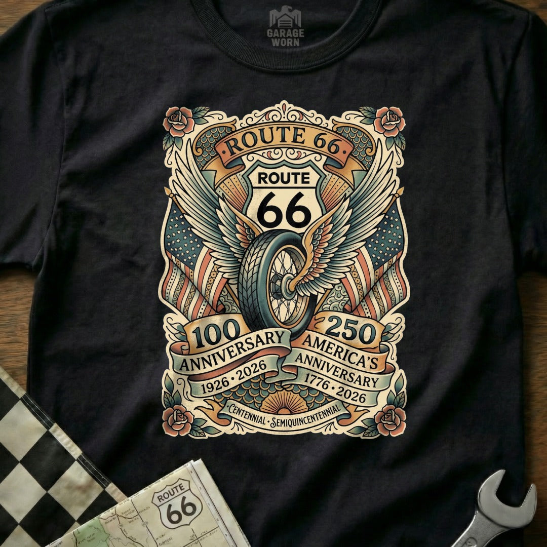 Route 66 winged tire design featuring US flags and anniversary dates.