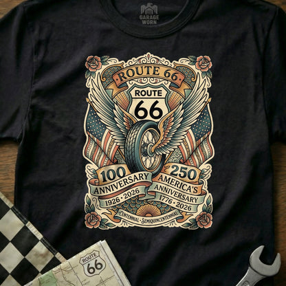 Route 66 winged tire design featuring US flags and anniversary dates.