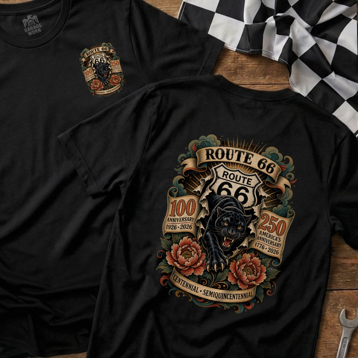 Black t-shirt with Route 66 centennial and semi-quincentennial anniversary graphic.