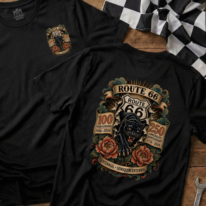 Black t-shirt with Route 66 centennial and semi-quincentennial anniversary graphic.