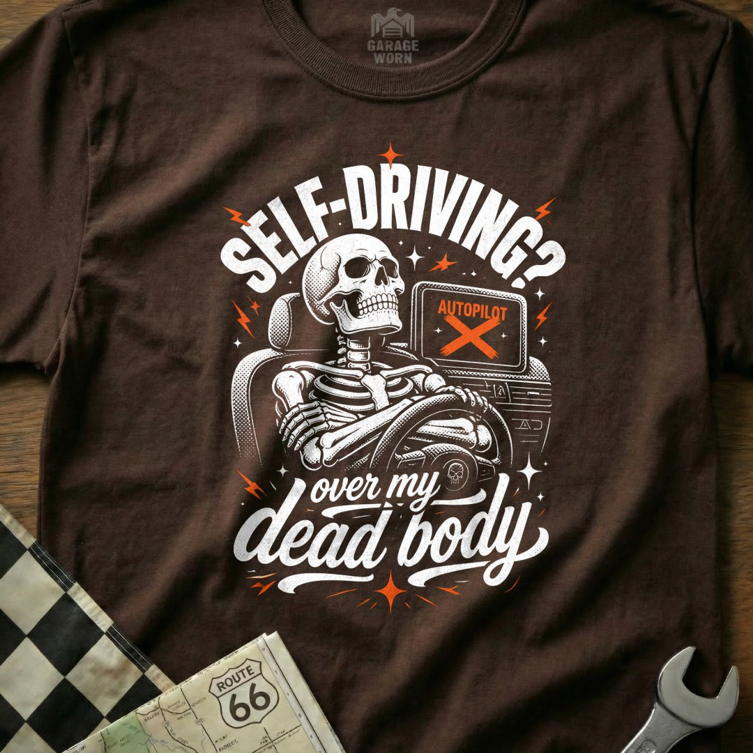 Skeleton driving car, "Self-Driving? Over My Dead Body" text, Autopilot screen with X.