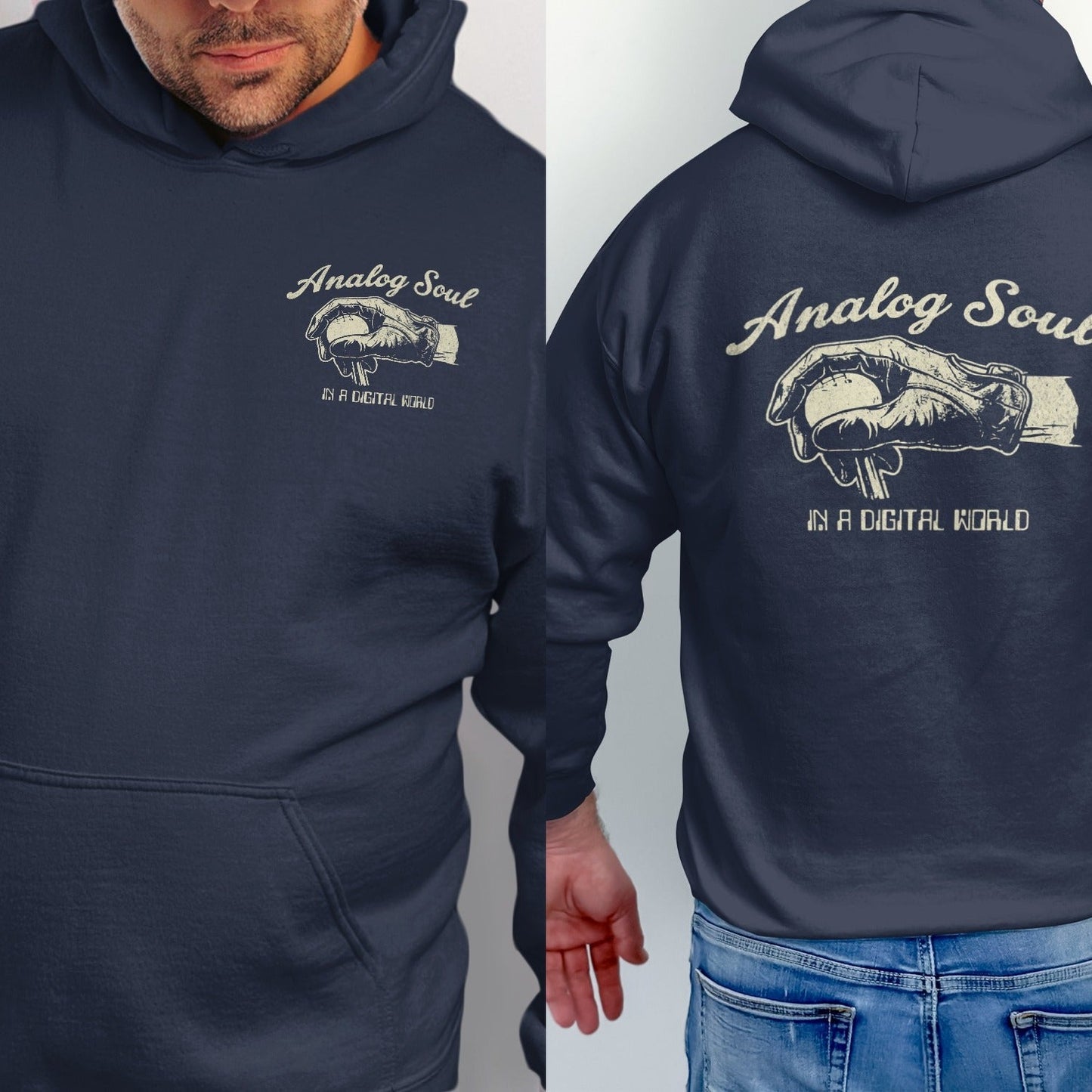 Navy hoodie with "Analog Soul In A Digital World" graphic of gloved hand holding an object.