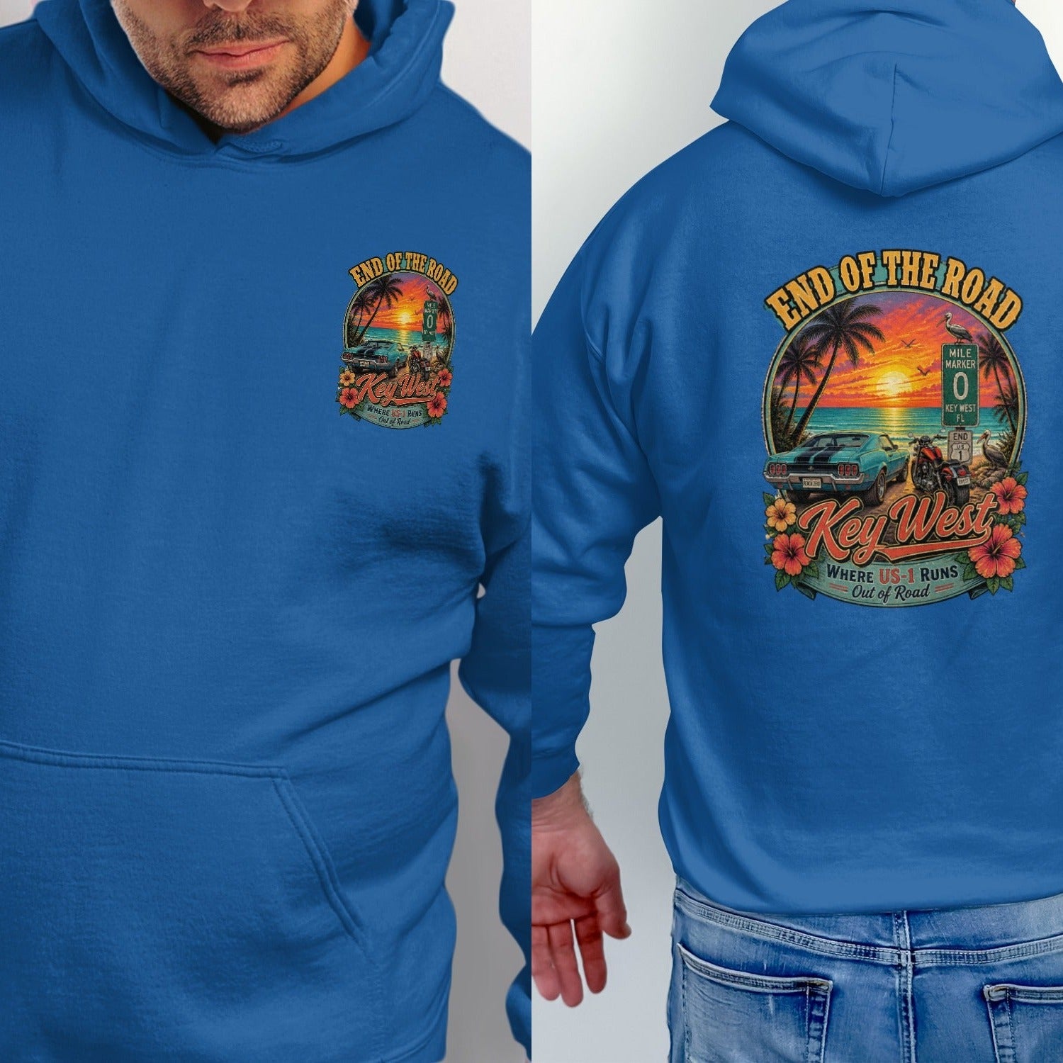 Key West "End of the Road" graphic with classic car, motorcycle, and sunset.