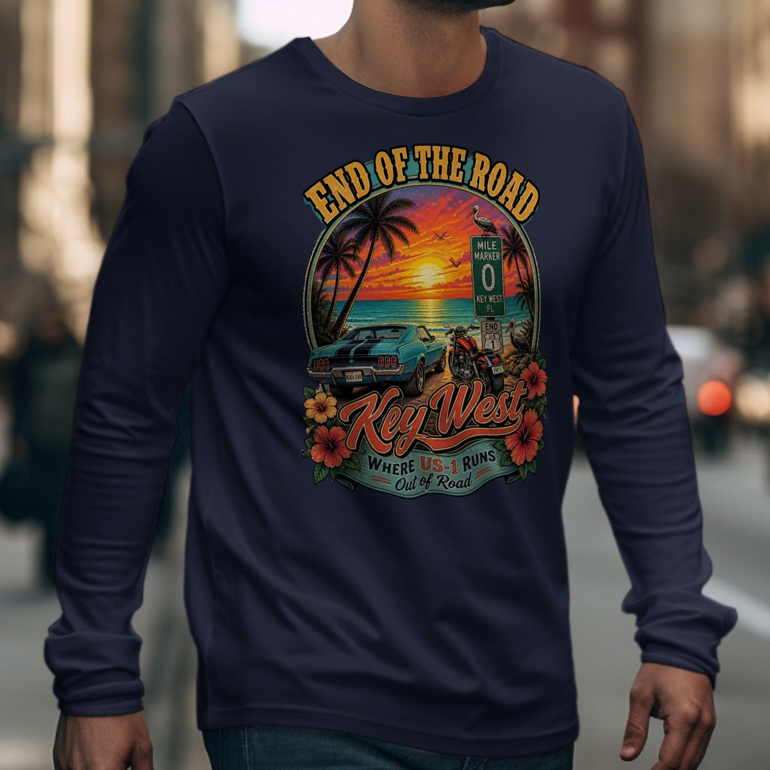 Long sleeve shirt with Key West "End of the Road" sunset graphic.