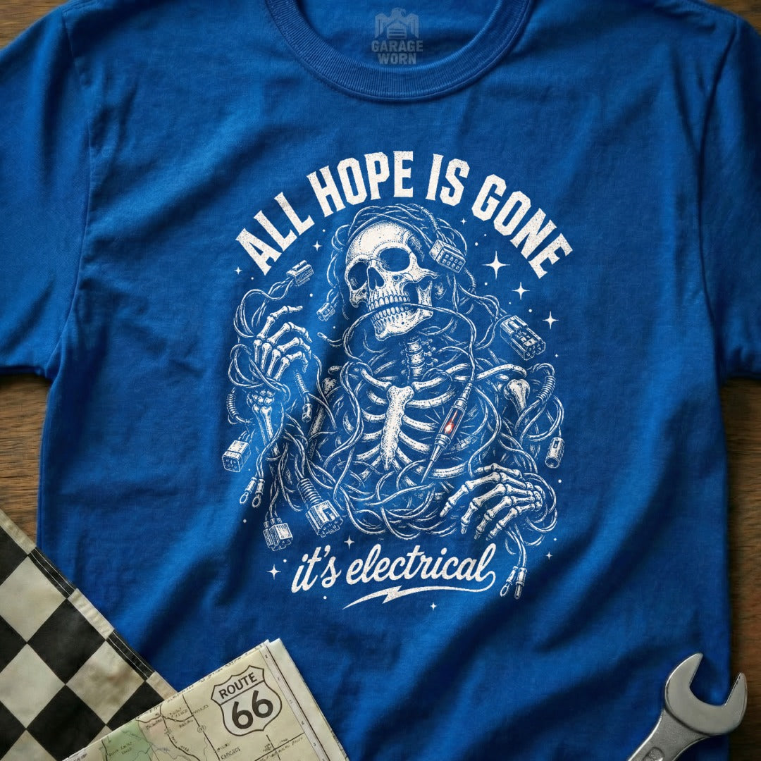 Blue t-shirt with skeleton entangled in wires, text: "All hope is gone, it's electrical".