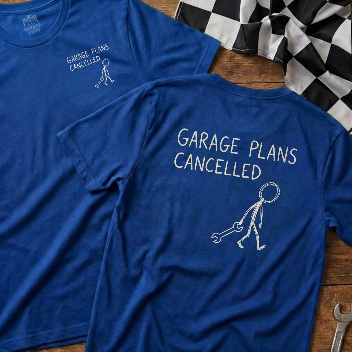 Blue t-shirts with "Garage Plans Cancelled" and stick figure designs.